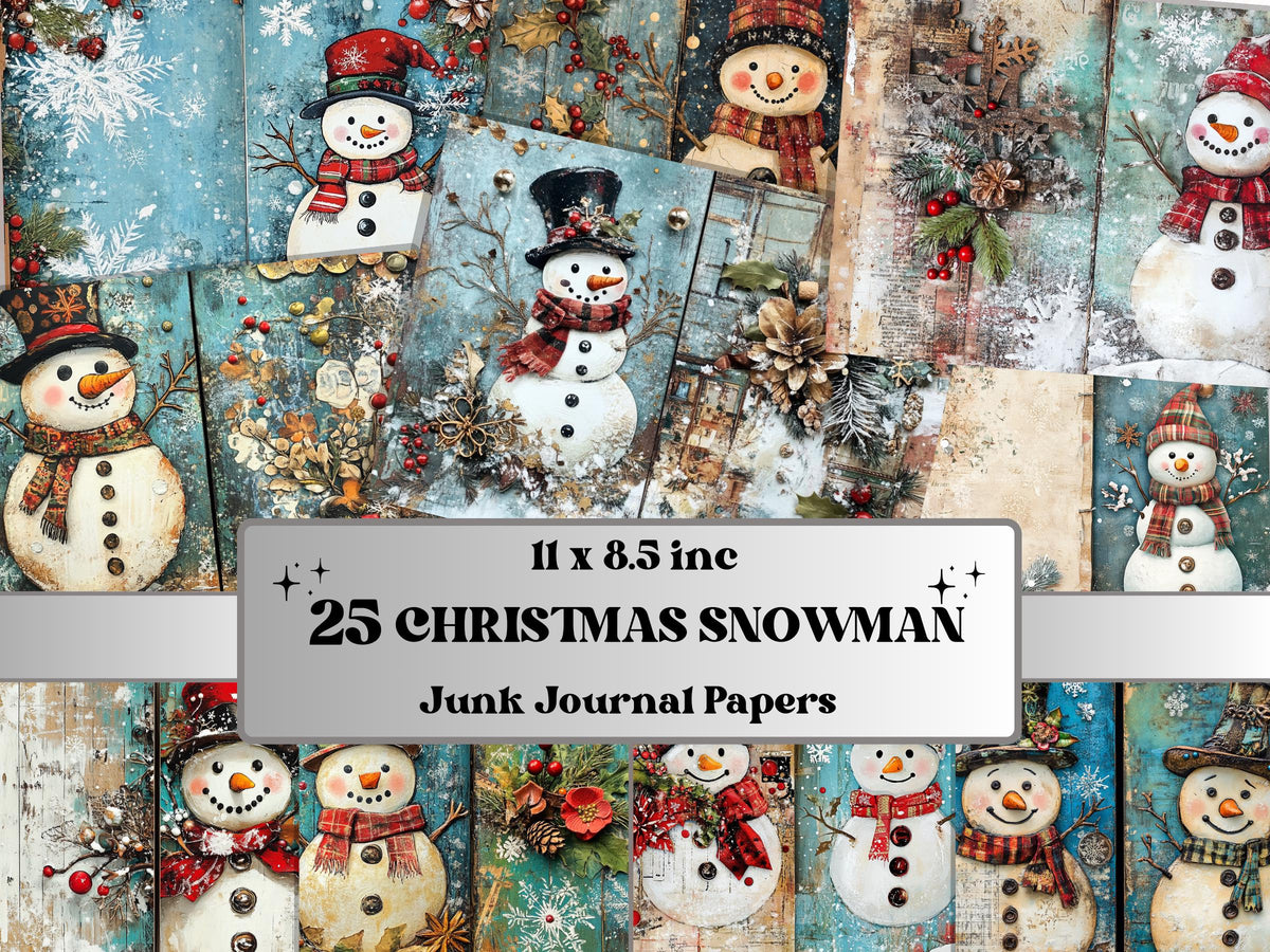 Christmas Snowman Junk Journal Kit, Whimsical Noel Ephemera, Mixed Media Collage Sheet, Xmas Scrapbook Paper, Winter Christmas ATC Card