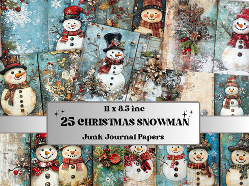 Christmas Snowman Junk Journal Kit, Whimsical Noel Ephemera, Mixed Media Collage Sheet, Xmas Scrapbook Paper, Winter Christmas ATC Card