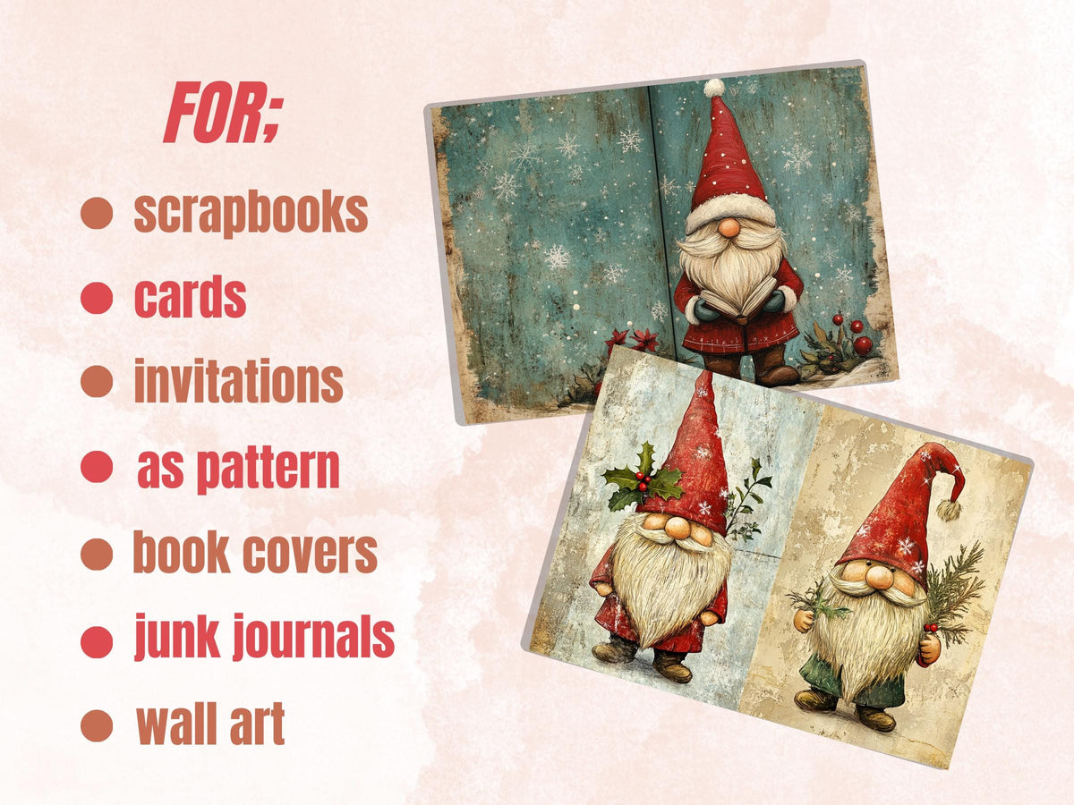 Christmas Garden Gnome Junk Journal Kit, Whimsical Gnome Ephemera, Mixed Media Noel Collage Sheet, Xmas Scrapbook Paper, Christmas ATC Card