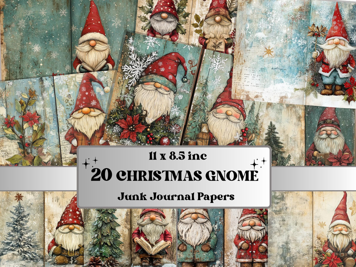 Christmas Garden Gnome Junk Journal Kit, Whimsical Gnome Ephemera, Mixed Media Noel Collage Sheet, Xmas Scrapbook Paper, Christmas ATC Card