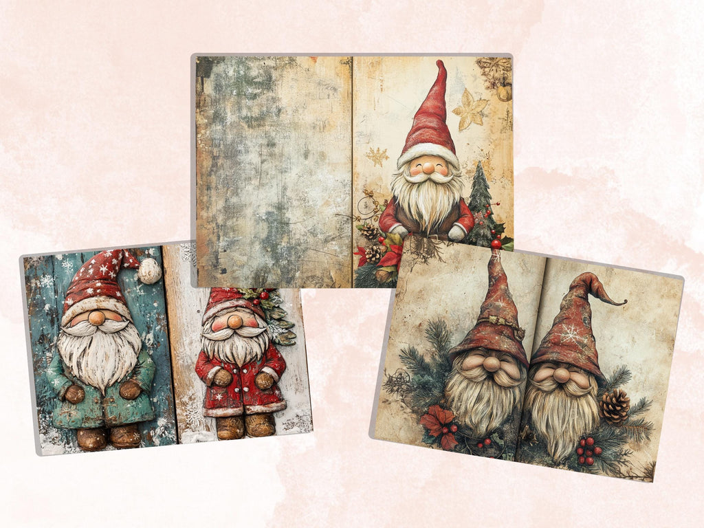 Christmas Garden Gnome Junk Journal Kit, Whimsical Gnome Ephemera, Mixed Media Noel Collage Sheet, Xmas Scrapbook Paper, Christmas ATC Card