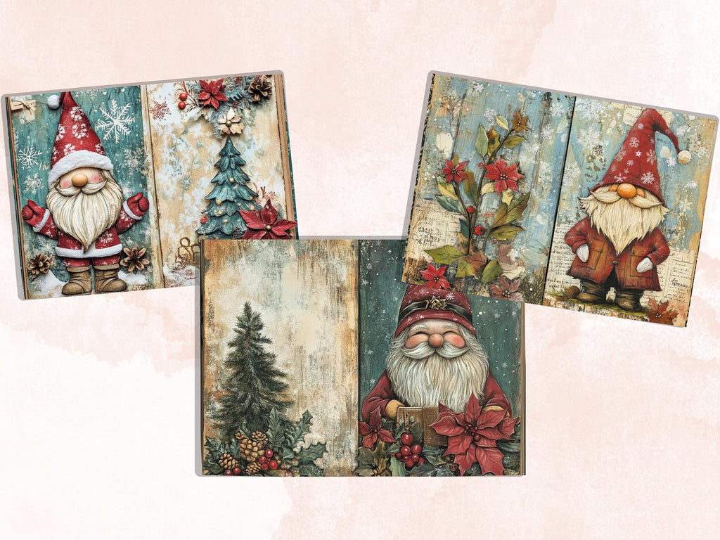 Christmas Garden Gnome Junk Journal Kit, Whimsical Gnome Ephemera, Mixed Media Noel Collage Sheet, Xmas Scrapbook Paper, Christmas ATC Card
