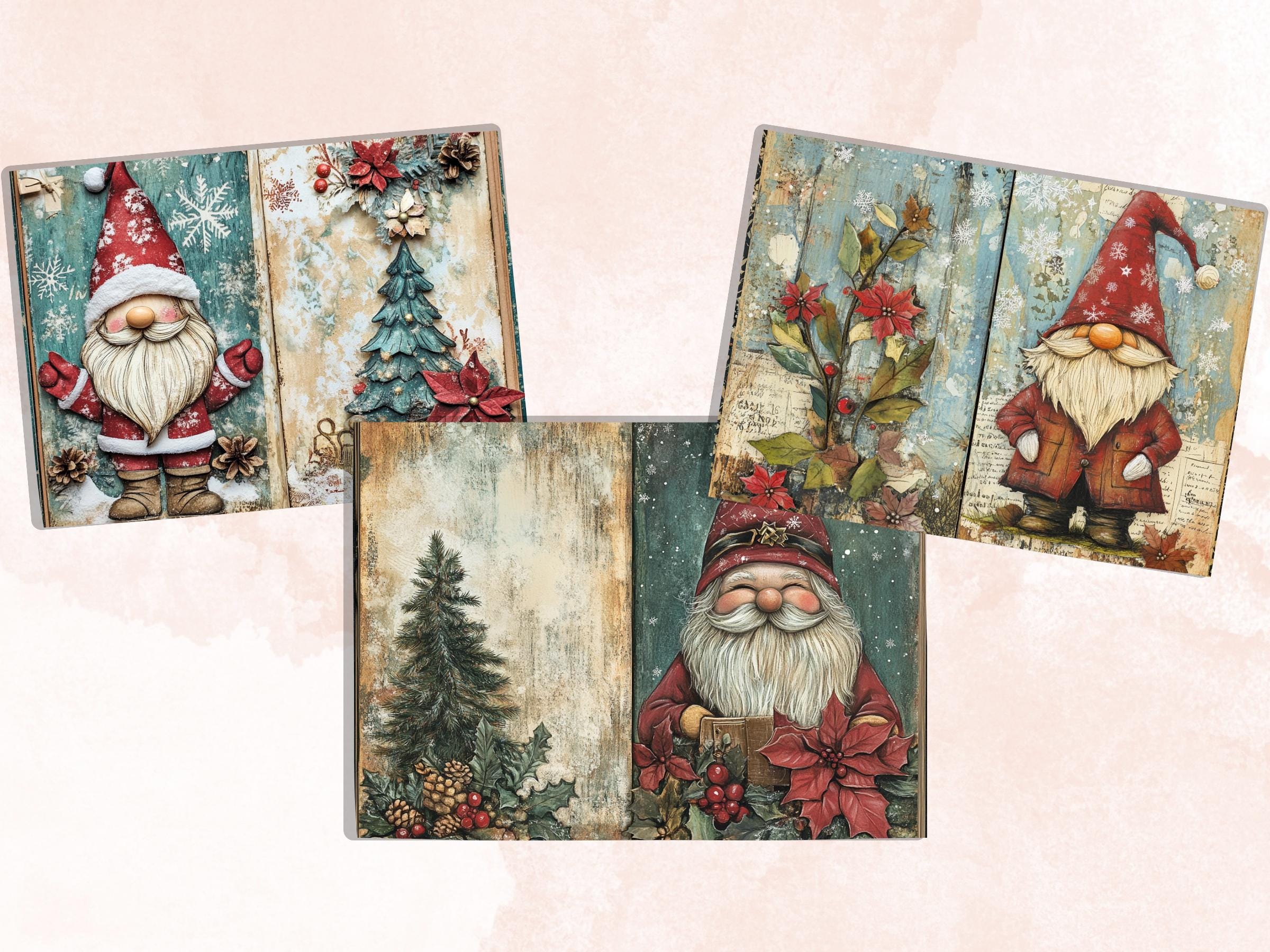 Christmas Garden Gnome Junk Journal Kit, Whimsical Gnome Ephemera, Mixed Media Noel Collage Sheet, Xmas Scrapbook Paper, Christmas ATC Card