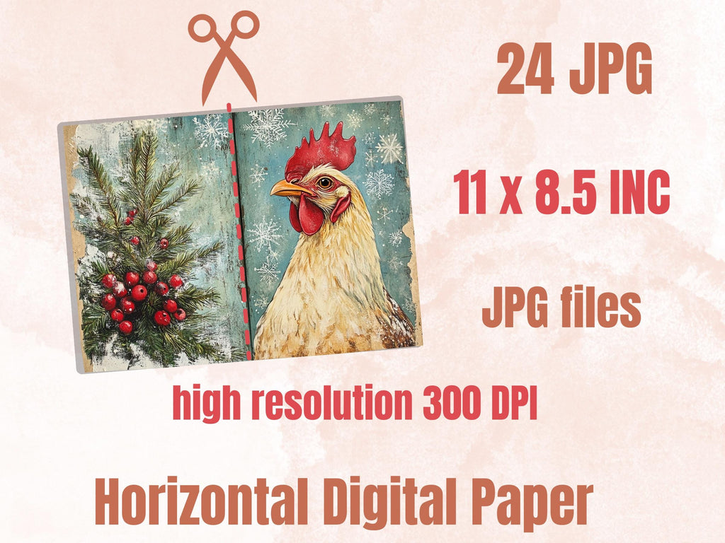 Christmas Chicken Junk Journal Kit, Whimsical Noel Farm Ephemera, Mixed Media Collage Sheet, Xmas Scrapbook Paper, Winter Christmas ATC Card