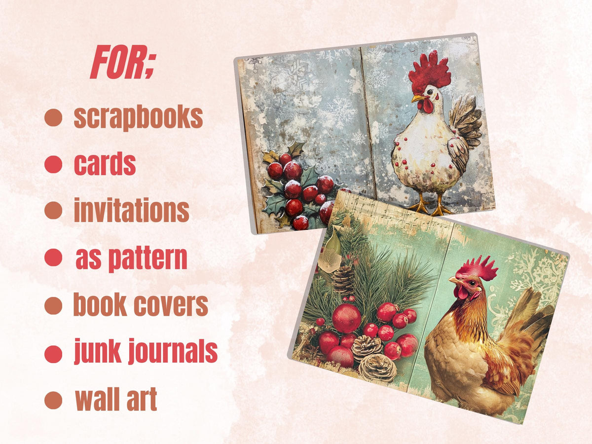Christmas Chicken Junk Journal Kit, Whimsical Noel Farm Ephemera, Mixed Media Collage Sheet, Xmas Scrapbook Paper, Winter Christmas ATC Card