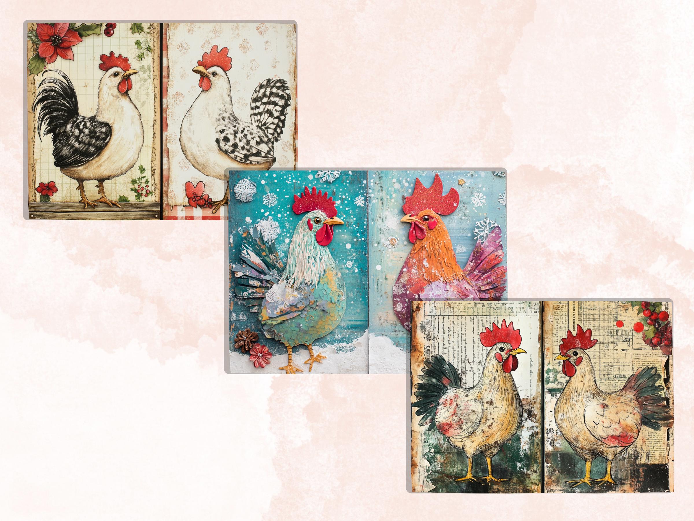 Christmas Chicken Junk Journal Kit, Whimsical Noel Farm Ephemera, Mixed Media Collage Sheet, Xmas Scrapbook Paper, Winter Christmas ATC Card