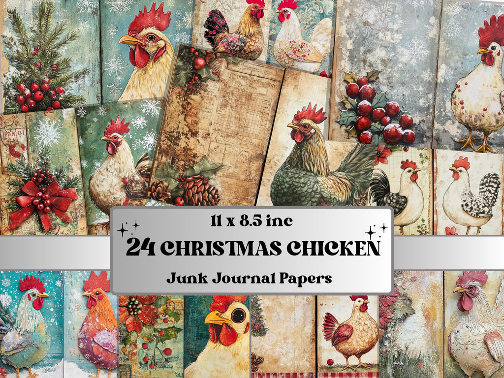 Christmas Chicken Junk Journal Kit, Whimsical Noel Farm Ephemera, Mixed Media Collage Sheet, Xmas Scrapbook Paper, Winter Christmas ATC Card