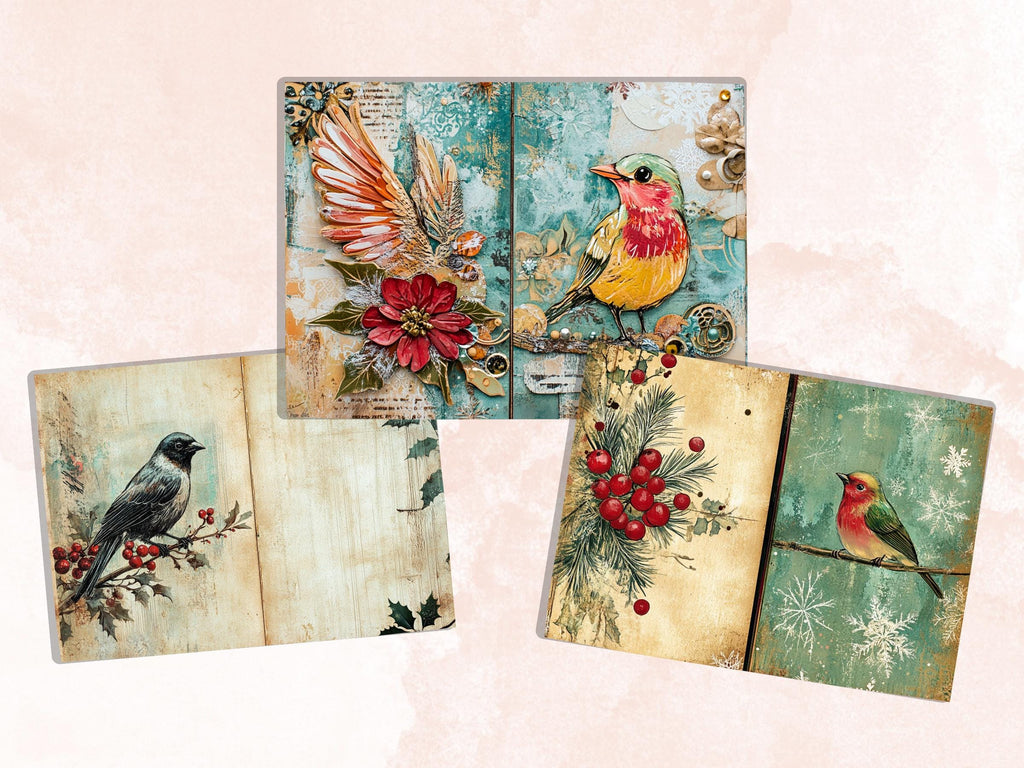 Christmas Bird Junk Journal Kit, Winter Hummingbird Ephemera, Mixed Media Collage Sheet, Xmas Scrapbook Paper, Quirky Christmas ATC Card