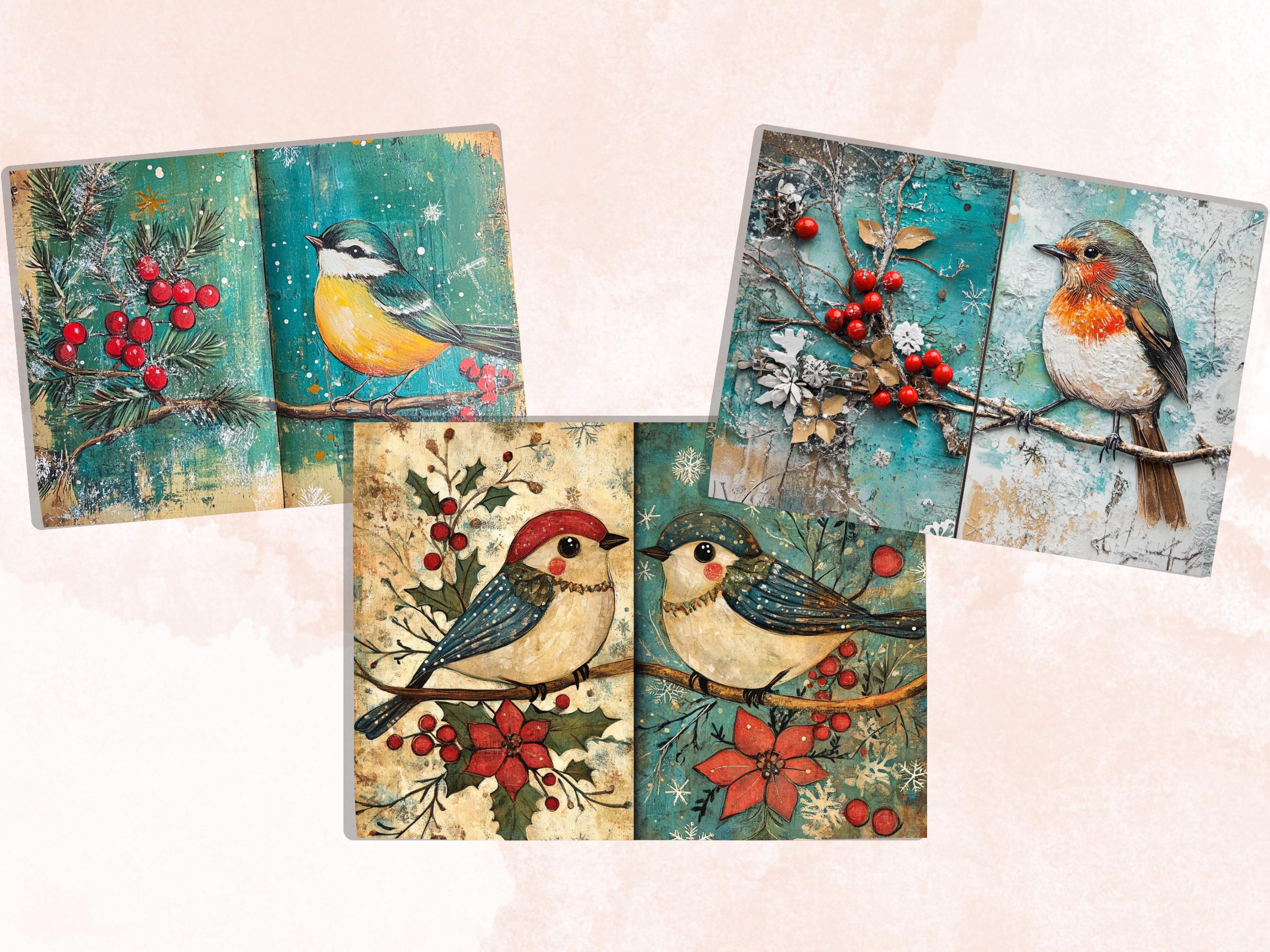 Christmas Bird Junk Journal Kit, Winter Hummingbird Ephemera, Mixed Media Collage Sheet, Xmas Scrapbook Paper, Quirky Christmas ATC Card