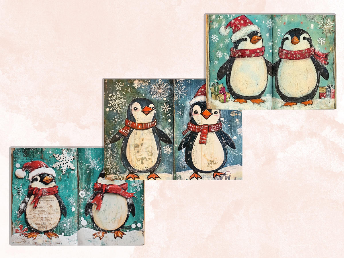 Christmas Penguin Junk Journal Kit, Winter Penguin Ephemera Pages, Mixed Media Collage Sheet, Xmas Scrapbook Paper, Snowy Christmas ATC Card