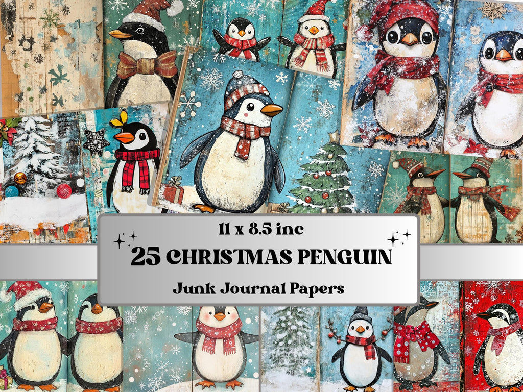 Christmas Penguin Junk Journal Kit, Winter Penguin Ephemera Pages, Mixed Media Collage Sheet, Xmas Scrapbook Paper, Snowy Christmas ATC Card