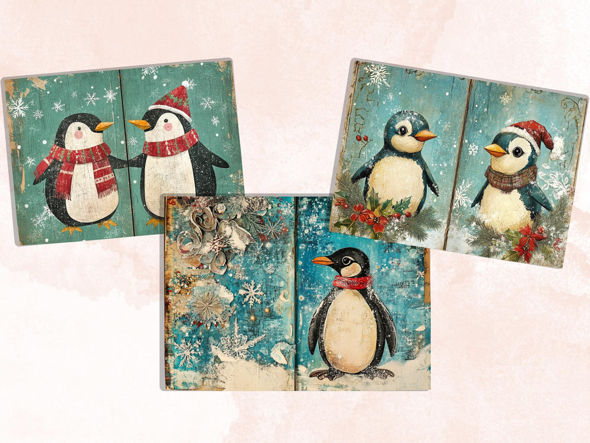 Christmas Penguin Junk Journal Kit, Winter Penguin Ephemera Pages, Mixed Media Collage Sheet, Xmas Scrapbook Paper, Snowy Christmas ATC Card