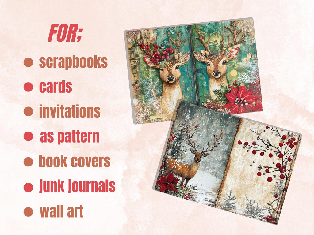 Christmas Deer Junk Journal Kit, Winter Reindeer Ephemera Pages, Mixed Media Collage Sheet, Xmas Scrapbook Paper, Snowy Christmas ATC Card