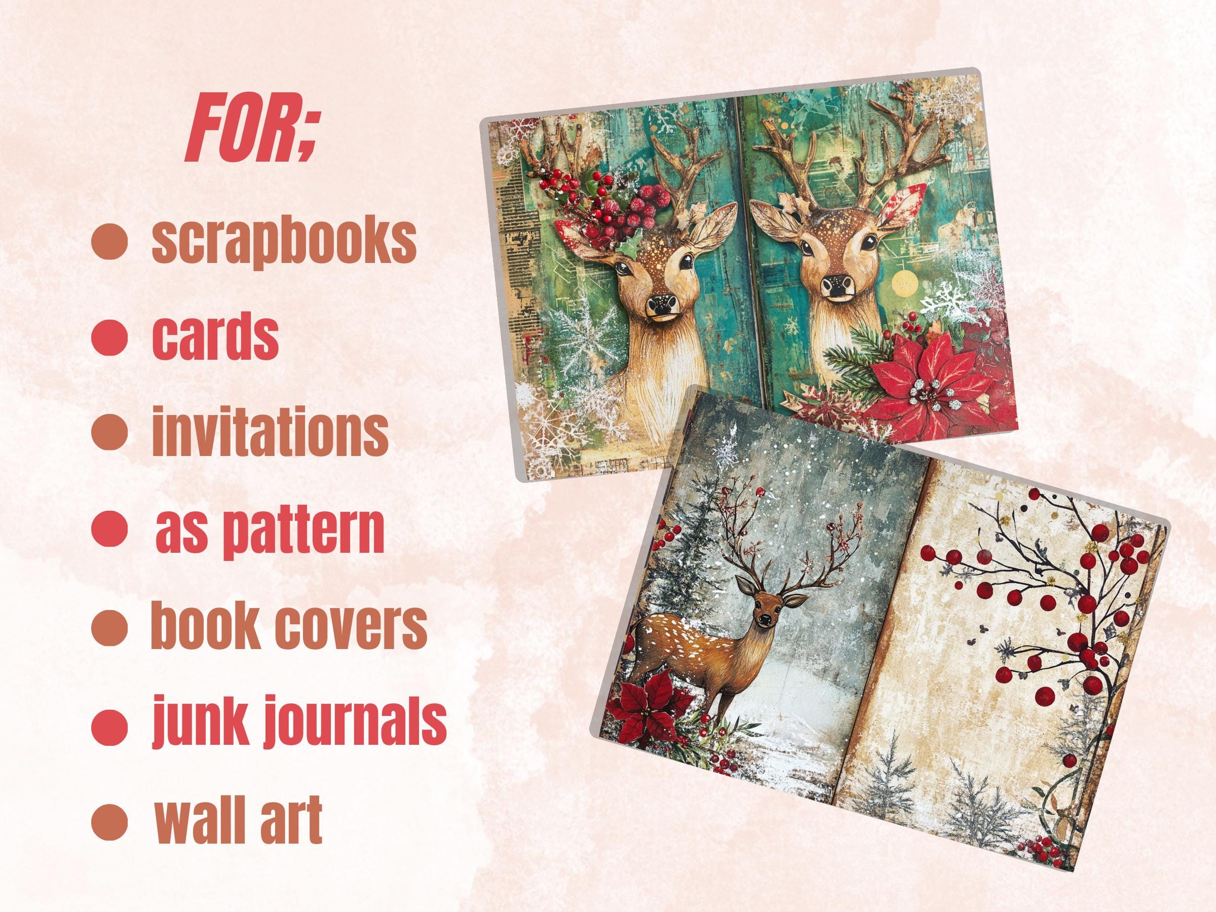Christmas Deer Junk Journal Kit, Winter Reindeer Ephemera Pages, Mixed Media Collage Sheet, Xmas Scrapbook Paper, Snowy Christmas ATC Card