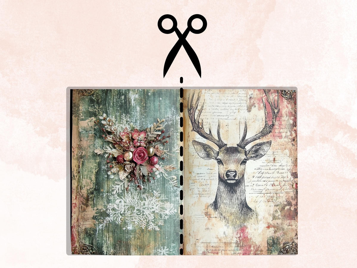 Christmas Deer Junk Journal Kit, Winter Reindeer Ephemera Pages, Mixed Media Collage Sheet, Xmas Scrapbook Paper, Snowy Christmas ATC Card