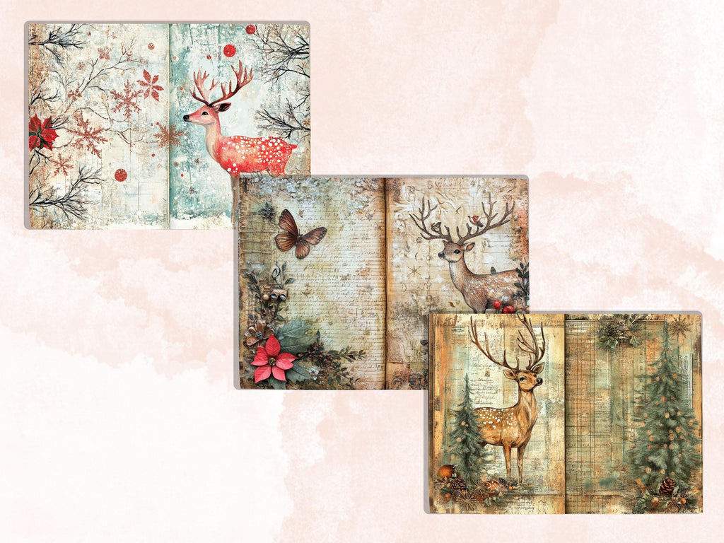 Christmas Deer Junk Journal Kit, Winter Reindeer Ephemera Pages, Mixed Media Collage Sheet, Xmas Scrapbook Paper, Snowy Christmas ATC Card