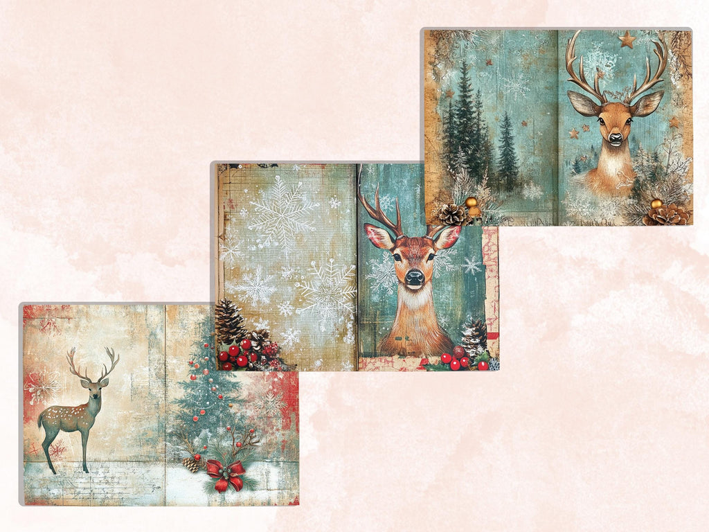 Christmas Deer Junk Journal Kit, Winter Reindeer Ephemera Pages, Mixed Media Collage Sheet, Xmas Scrapbook Paper, Snowy Christmas ATC Card