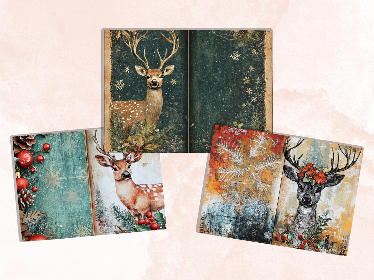 Christmas Deer Junk Journal Kit, Winter Reindeer Ephemera Pages, Mixed Media Collage Sheet, Xmas Scrapbook Paper, Snowy Christmas ATC Card