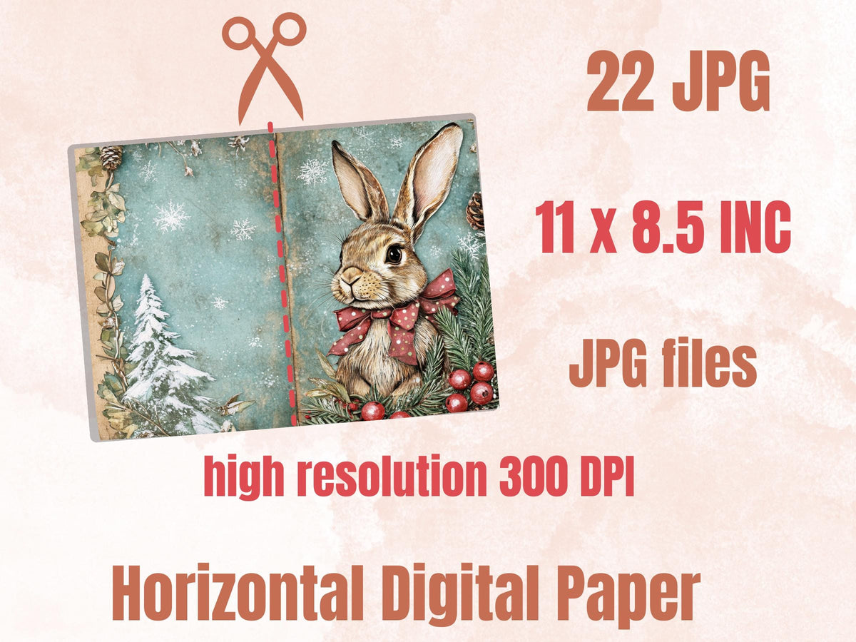 Fairytale Christmas Rabbit Junk Journal Kit, Winter Bunny Ephemera, Mixed Media Collage Sheet, Xmas Scrapbook Paper, Cute Christmas ATC Card