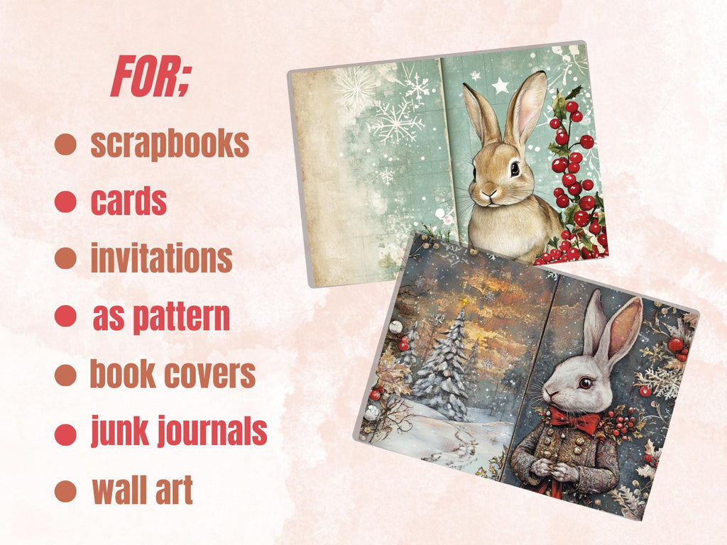 Fairytale Christmas Rabbit Junk Journal Kit, Winter Bunny Ephemera, Mixed Media Collage Sheet, Xmas Scrapbook Paper, Cute Christmas ATC Card