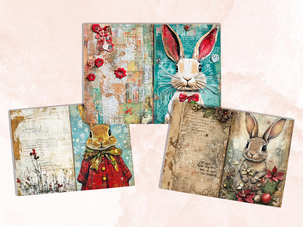 Fairytale Christmas Rabbit Junk Journal Kit, Winter Bunny Ephemera, Mixed Media Collage Sheet, Xmas Scrapbook Paper, Cute Christmas ATC Card