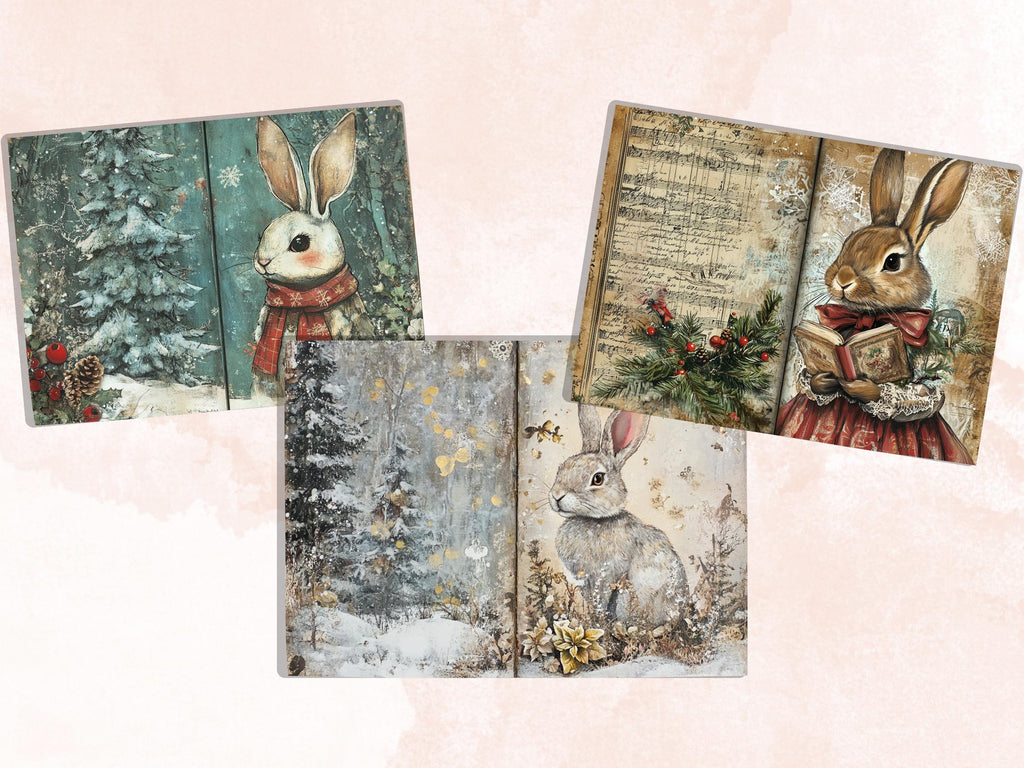 Fairytale Christmas Rabbit Junk Journal Kit, Winter Bunny Ephemera, Mixed Media Collage Sheet, Xmas Scrapbook Paper, Cute Christmas ATC Card