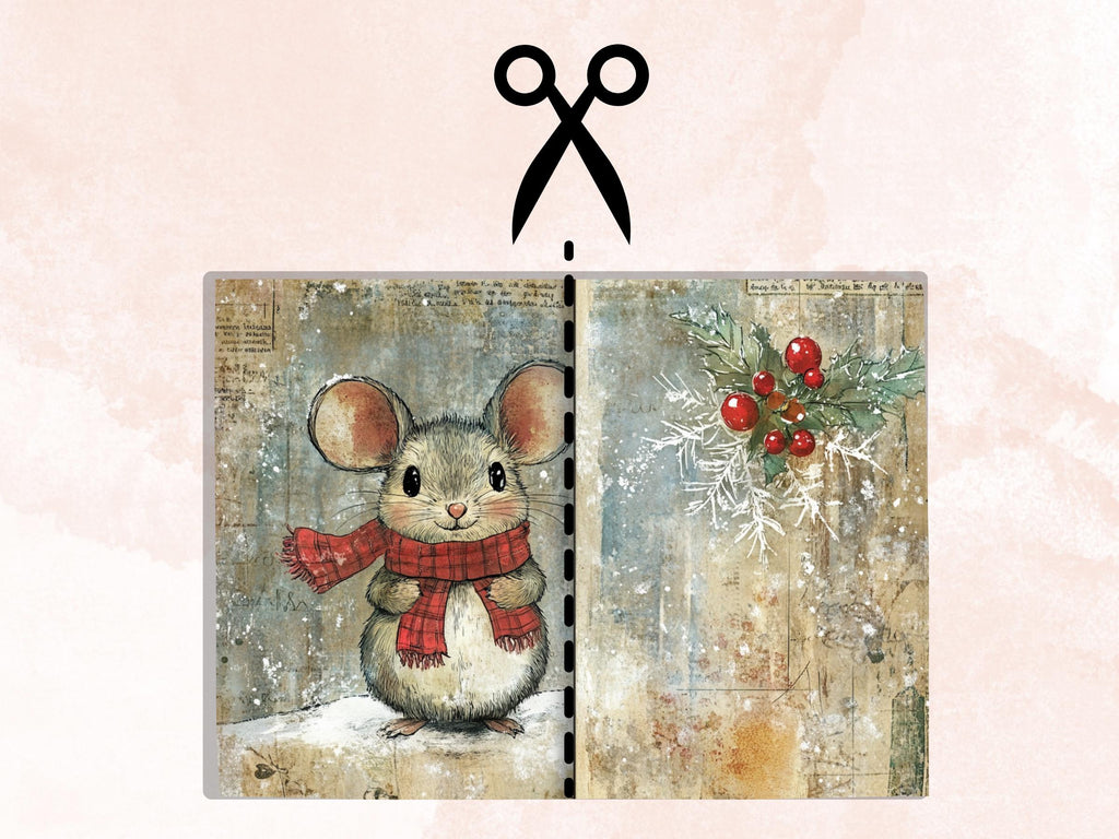 Fairytale Christmas Mouse Junk Journal Kit, Winter Mice Ephemera, Mixed Media Collage Sheet, Xmas Scrapbook Paper, Cute Christmas ATC Card