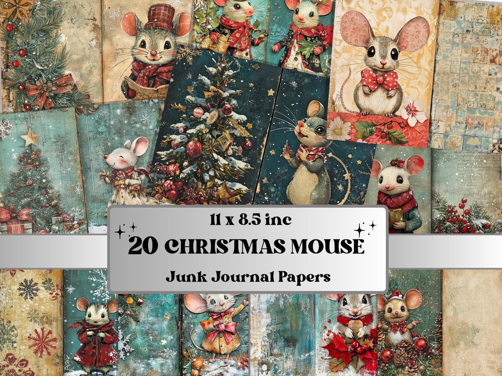 Fairytale Christmas Mouse Junk Journal Kit, Winter Mice Ephemera, Mixed Media Collage Sheet, Xmas Scrapbook Paper, Cute Christmas ATC Card