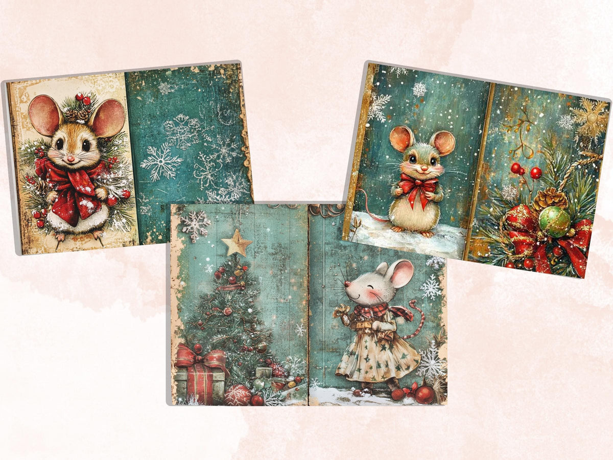 Fairytale Christmas Mouse Junk Journal Kit, Winter Mice Ephemera, Mixed Media Collage Sheet, Xmas Scrapbook Paper, Cute Christmas ATC Card