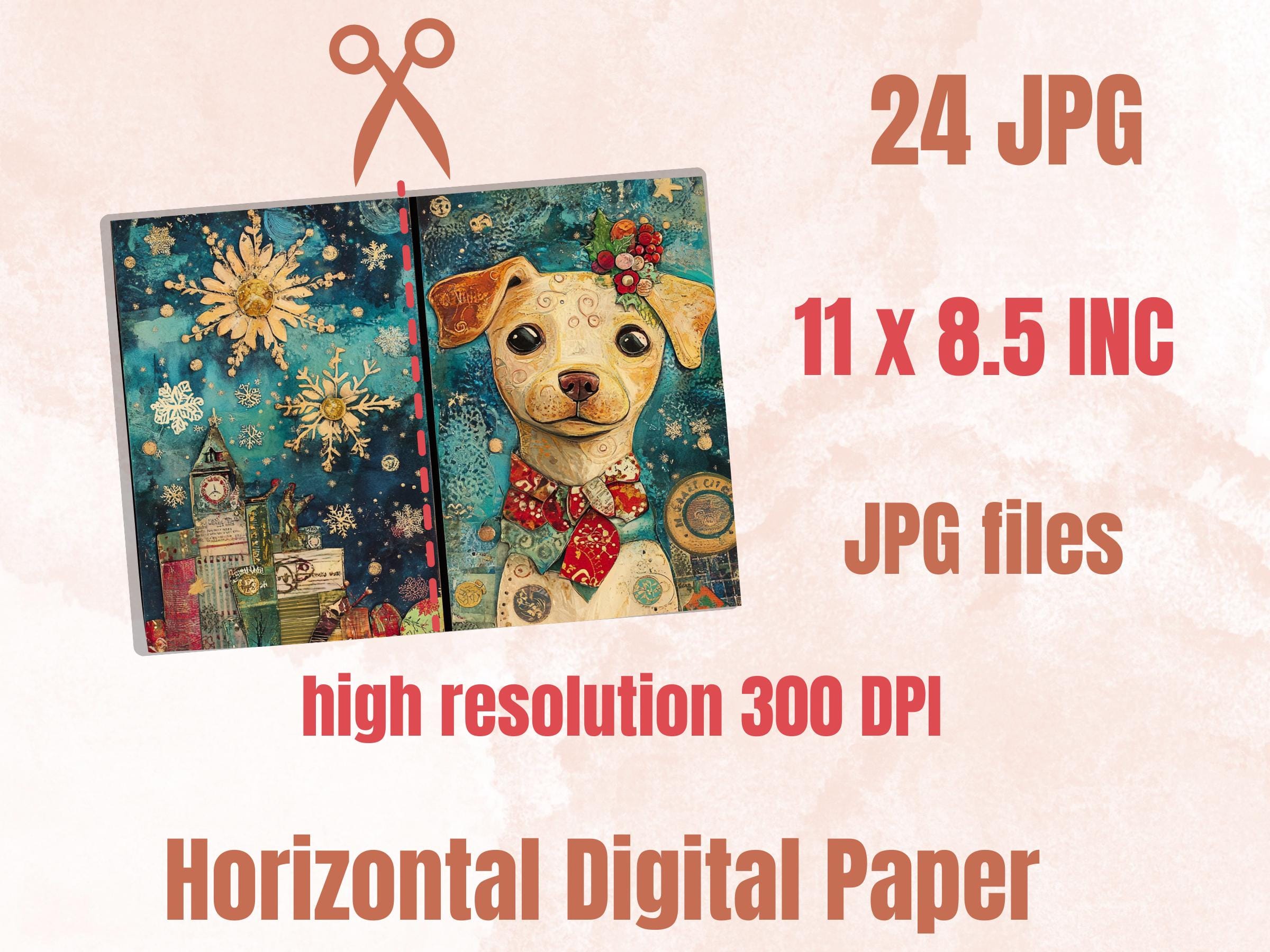 Whimsical Christmas Dog Junk Journal Kit, Winter Noel Ephemera, Mixed Media Collage Sheet, Xmas Scrapbook Paper, Cute Christmas ATC Card