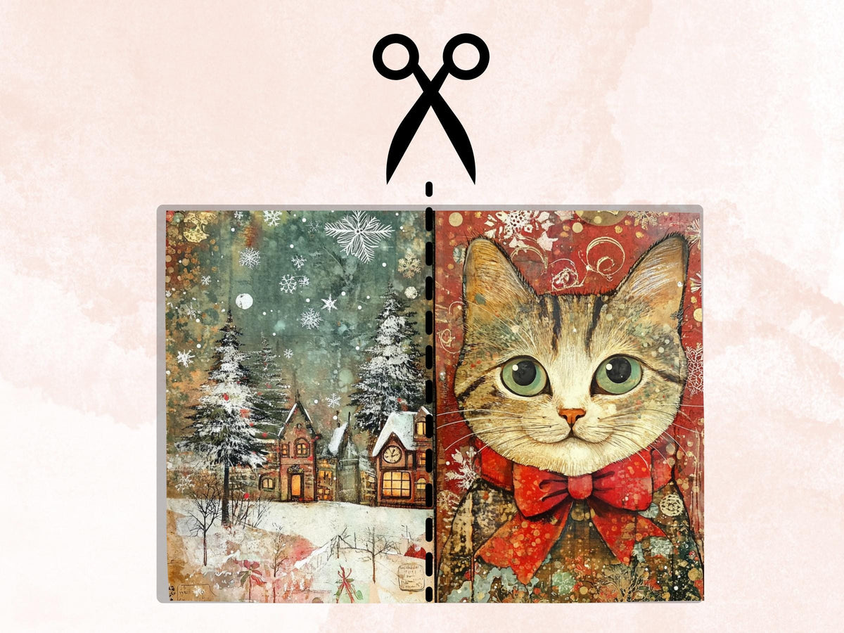 Whimsical Christmas Cat Junk Journal Kit, Winter Noel Ephemera, Mixed Media Collage Sheet, Xmas Scrapbook Paper, Cute Christmas ATC Card