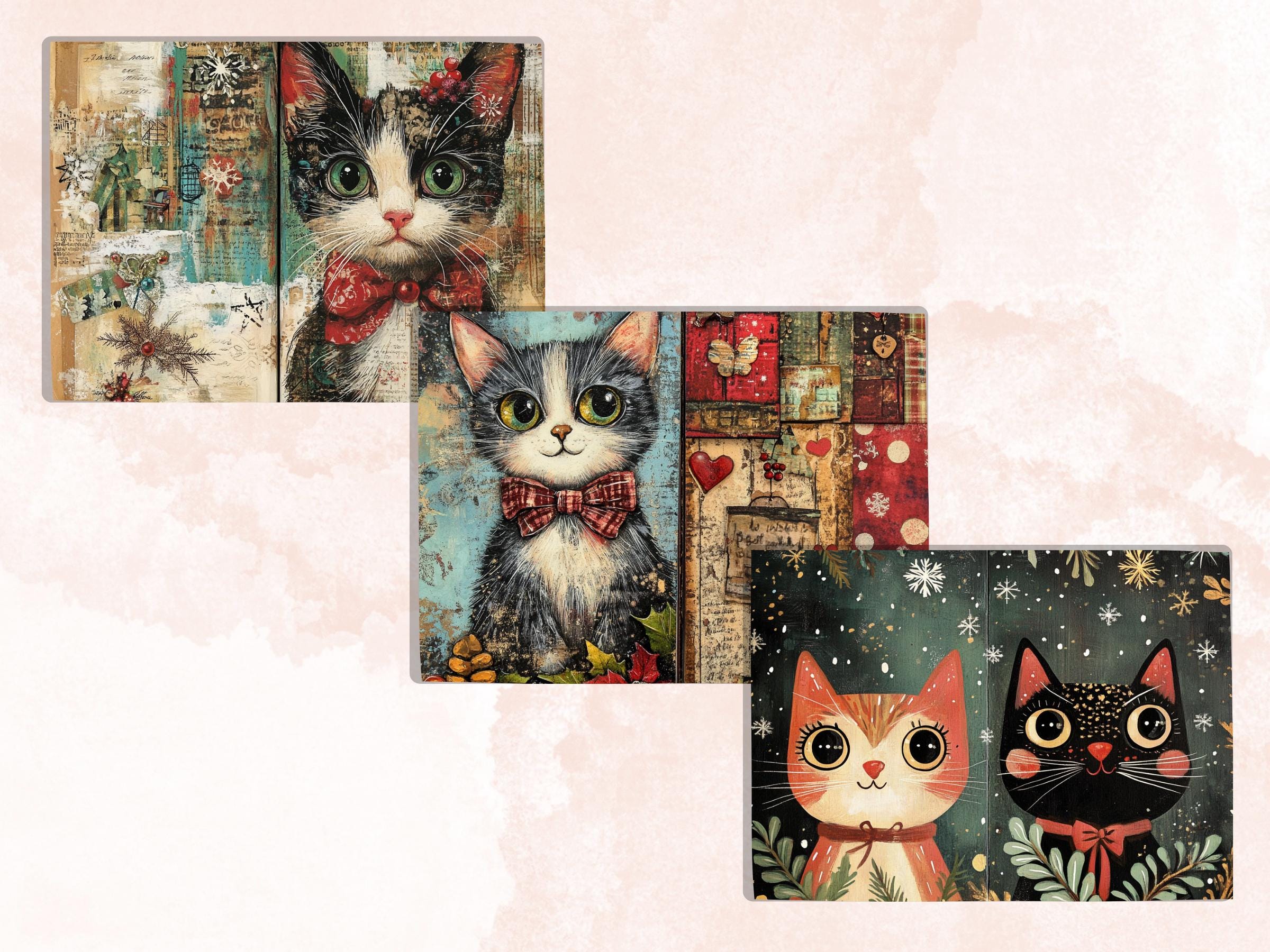 Whimsical Christmas Cat Junk Journal Kit, Winter Noel Ephemera, Mixed Media Collage Sheet, Xmas Scrapbook Paper, Cute Christmas ATC Card