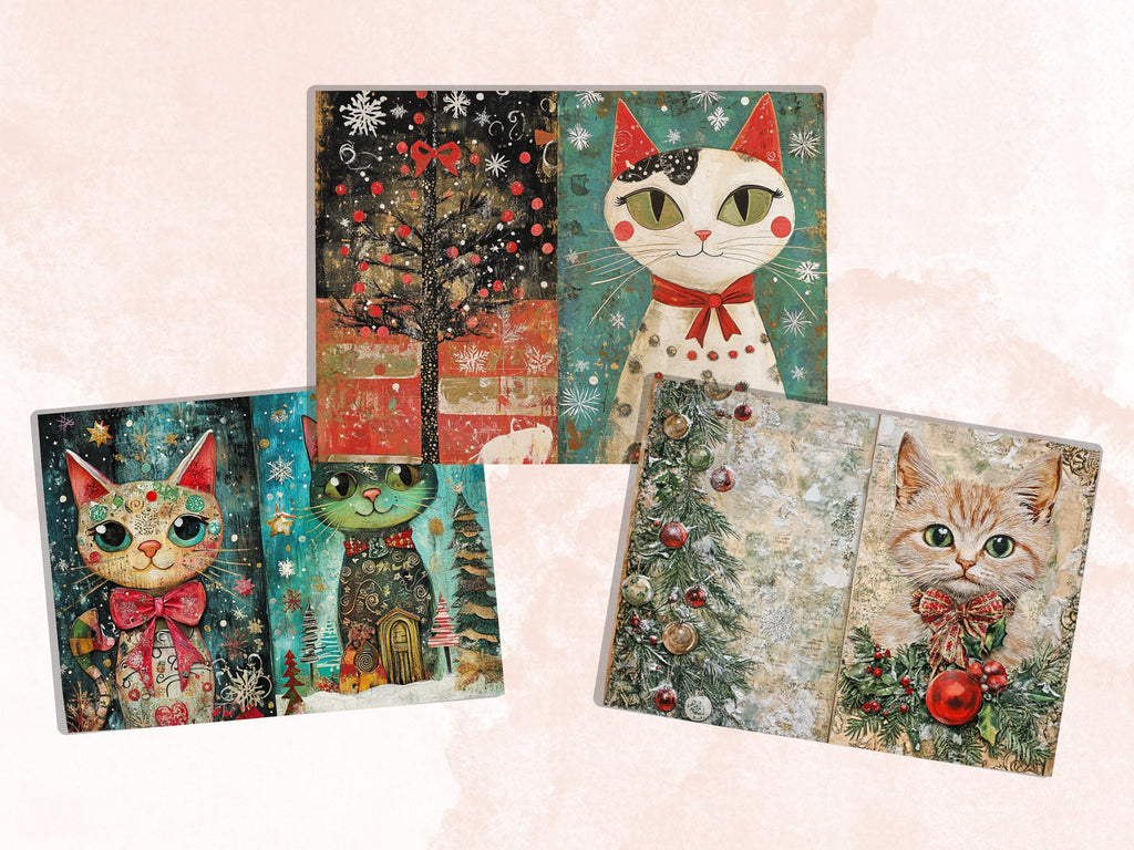 Whimsical Christmas Cat Junk Journal Kit, Winter Noel Ephemera, Mixed Media Collage Sheet, Xmas Scrapbook Paper, Cute Christmas ATC Card