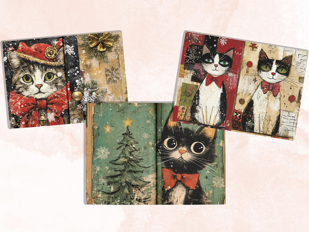 Whimsical Christmas Cat Junk Journal Kit, Winter Noel Ephemera, Mixed Media Collage Sheet, Xmas Scrapbook Paper, Cute Christmas ATC Card