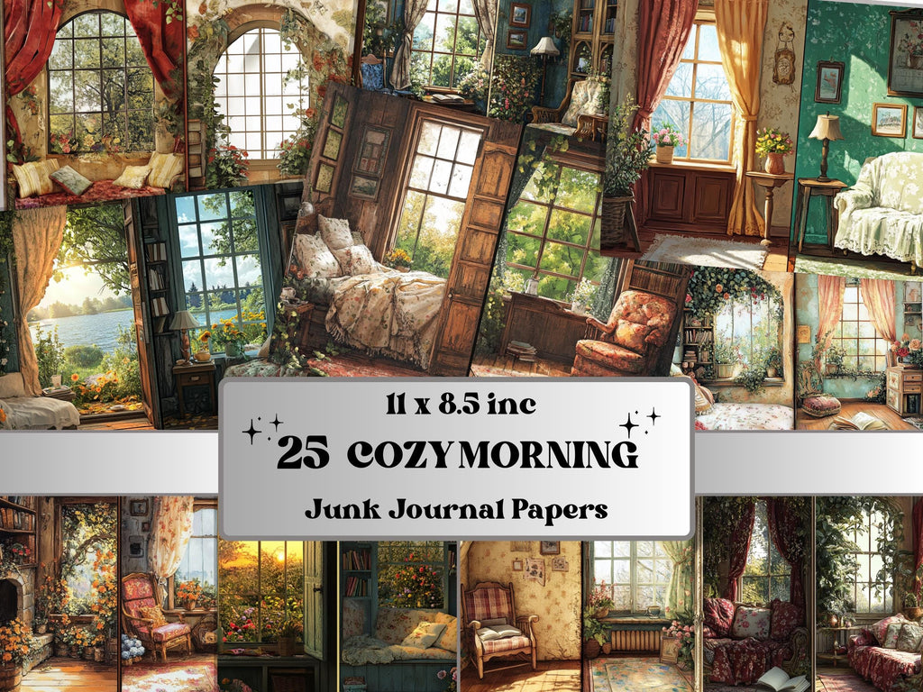 Cozy Morning Corner Junk Journal Kit, Comfy Morning Scenes Pages Ephemera, Relaxing Collage Sheet, Scrapbook Paper, Cozy Nook Background