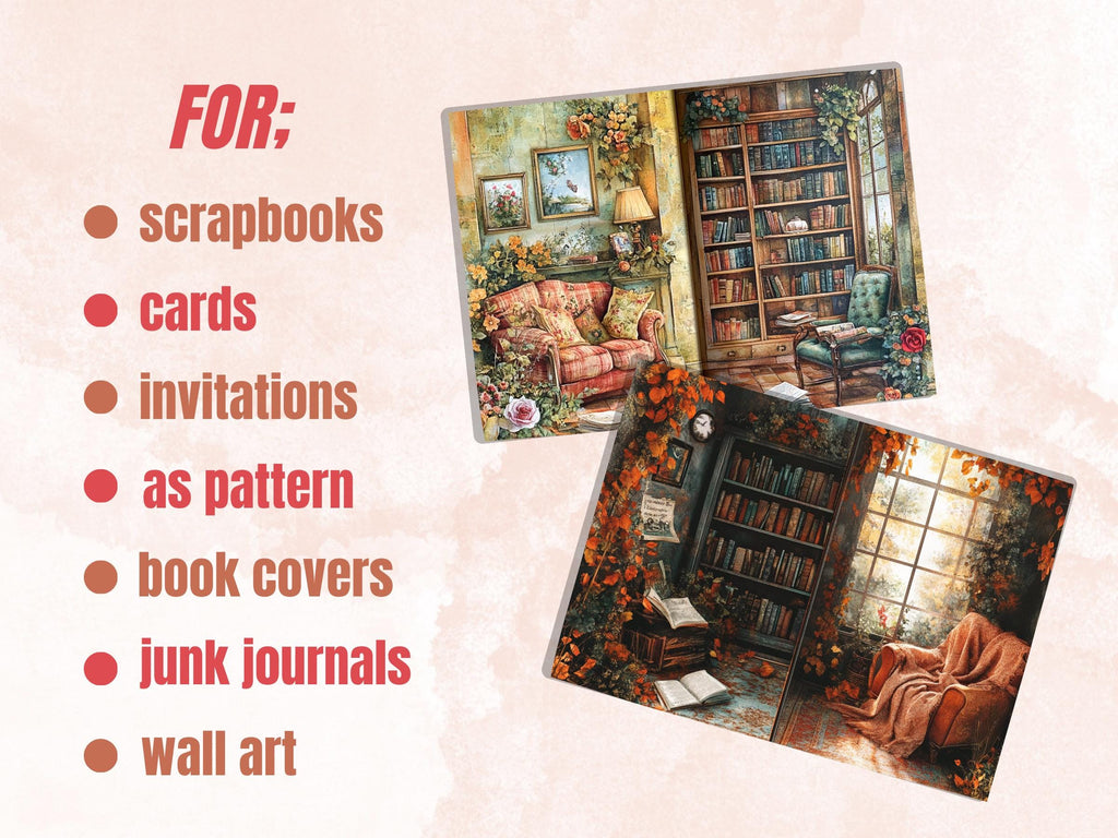 Cozy Reading Corner Junk Journal Kit, Comfy Reading Scenes Pages Ephemera, Relaxing Collage Sheet, Scrapbook Paper, Cozy Nook Background