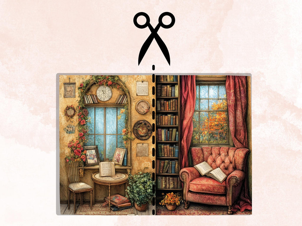 Cozy Reading Corner Junk Journal Kit, Comfy Reading Scenes Pages Ephemera, Relaxing Collage Sheet, Scrapbook Paper, Cozy Nook Background