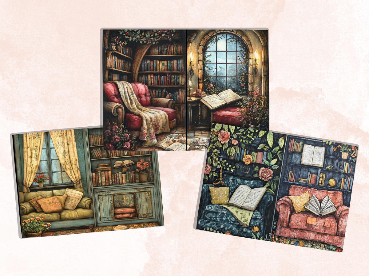 Cozy Reading Corner Junk Journal Kit, Comfy Reading Scenes Pages Ephemera, Relaxing Collage Sheet, Scrapbook Paper, Cozy Nook Background