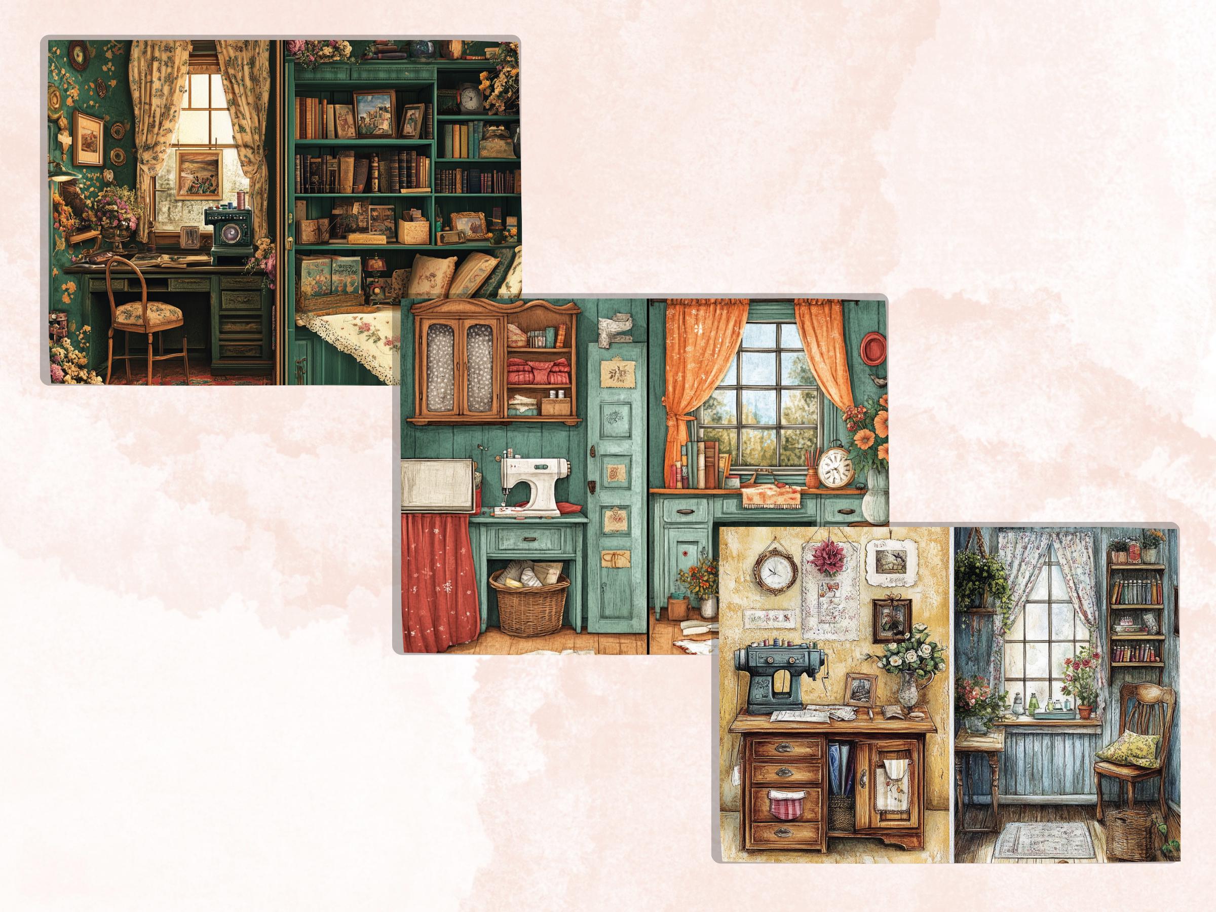 Cozy Sewing Corner Junk Journal Kit, Comfy Sewing Scenes Pages Ephemera, Relaxing Collage Sheet, Scrapbook Paper, Cozy Nook Background