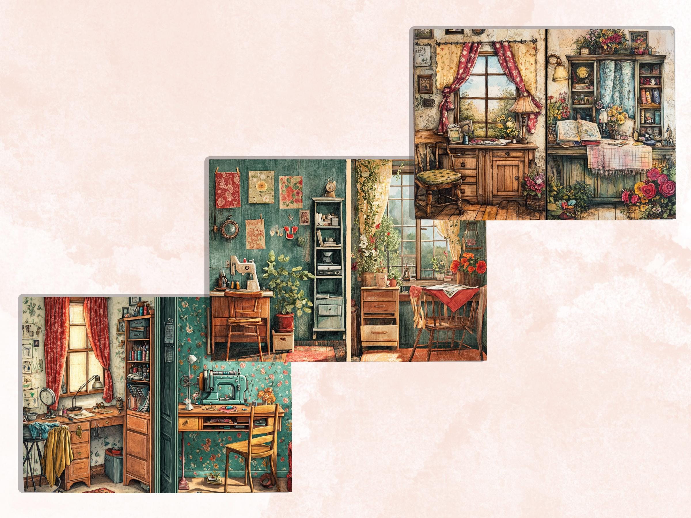 Cozy Sewing Corner Junk Journal Kit, Comfy Sewing Scenes Pages Ephemera, Relaxing Collage Sheet, Scrapbook Paper, Cozy Nook Background