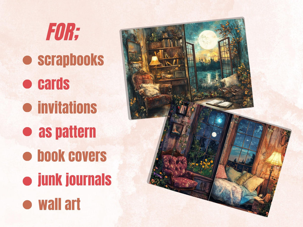 Cozy Night Corner Junk Journal Kit, Comfy Nighttime Scenes Pages Ephemera, Relaxing Collage Sheet, Scrapbook Paper, Cozy Nook Background