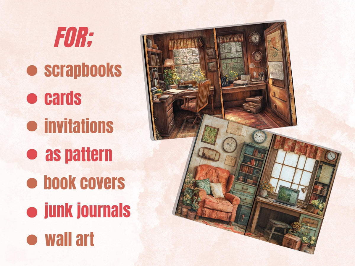 Cozy Working Corner Junk Journal Kit, Home Office Scenes Pages Ephemera, Relaxing Collage Sheet, Scrapbook Paper, Cozy Nook Background