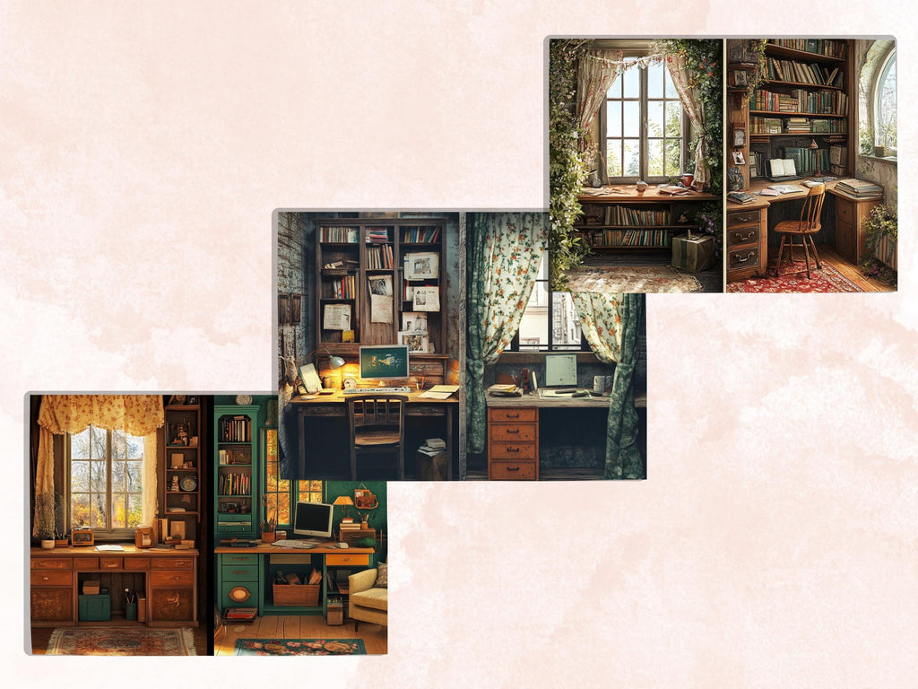 Cozy Working Corner Junk Journal Kit, Home Office Scenes Pages Ephemera, Relaxing Collage Sheet, Scrapbook Paper, Cozy Nook Background