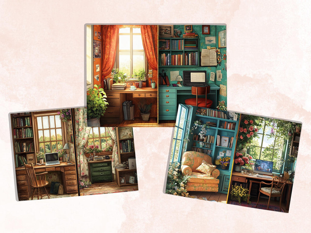 Cozy Working Corner Junk Journal Kit, Home Office Scenes Pages Ephemera, Relaxing Collage Sheet, Scrapbook Paper, Cozy Nook Background