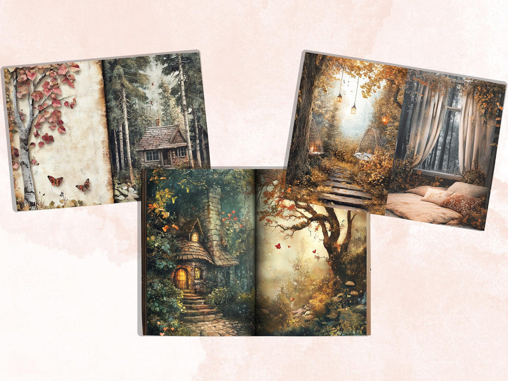Cozy Forest Corner Junk Journal Kit, Enchanted Forest Scenes Pages Ephemera, Relaxing Collage Sheet, Scrapbook Paper, Cozy Nook Background