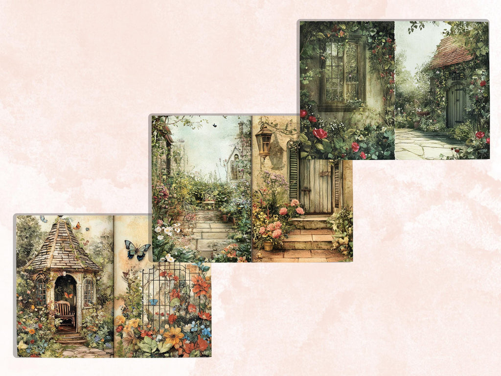 Cozy Garden Corner Junk Journal Kit, Secret Garden Scenes Pages Ephemera, Relaxing Collage Sheet, Scrapbook Paper, Cozy Nook Background