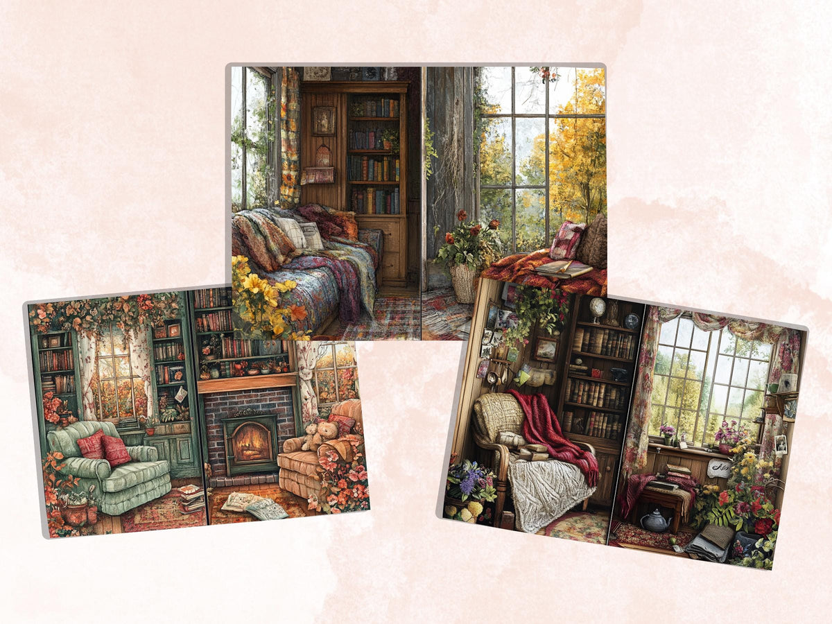 Cozy Knitting Corner Junk Journal Kit, Comfy Knitting Scenes Pages Ephemera, Relaxing Collage Sheet, Scrapbook Paper, Cozy Nook Background