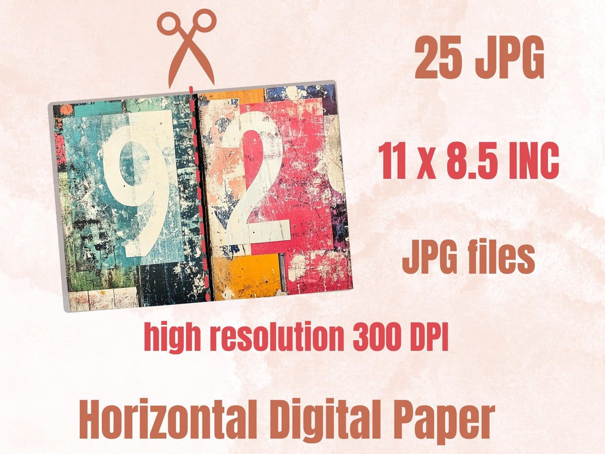 Grunge Numbers Junk Journal Kit, Vintage Distressed Grungy Pages Ephemera, Grunge Collage Sheet, Scrapbook Paper, Retro Grungy Background