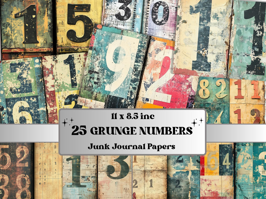 Grunge Numbers Junk Journal Kit, Vintage Distressed Grungy Pages Ephemera, Grunge Collage Sheet, Scrapbook Paper, Retro Grungy Background