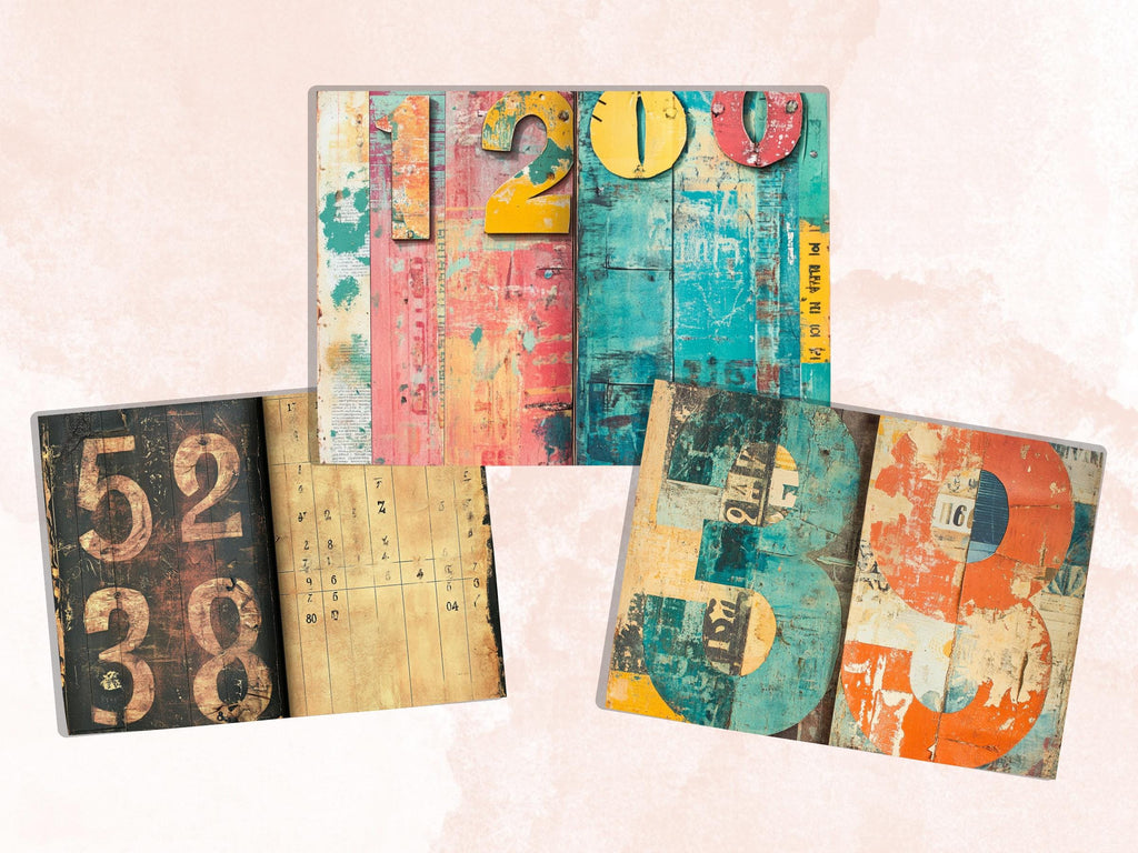 Grunge Numbers Junk Journal Kit, Vintage Distressed Grungy Pages Ephemera, Grunge Collage Sheet, Scrapbook Paper, Retro Grungy Background